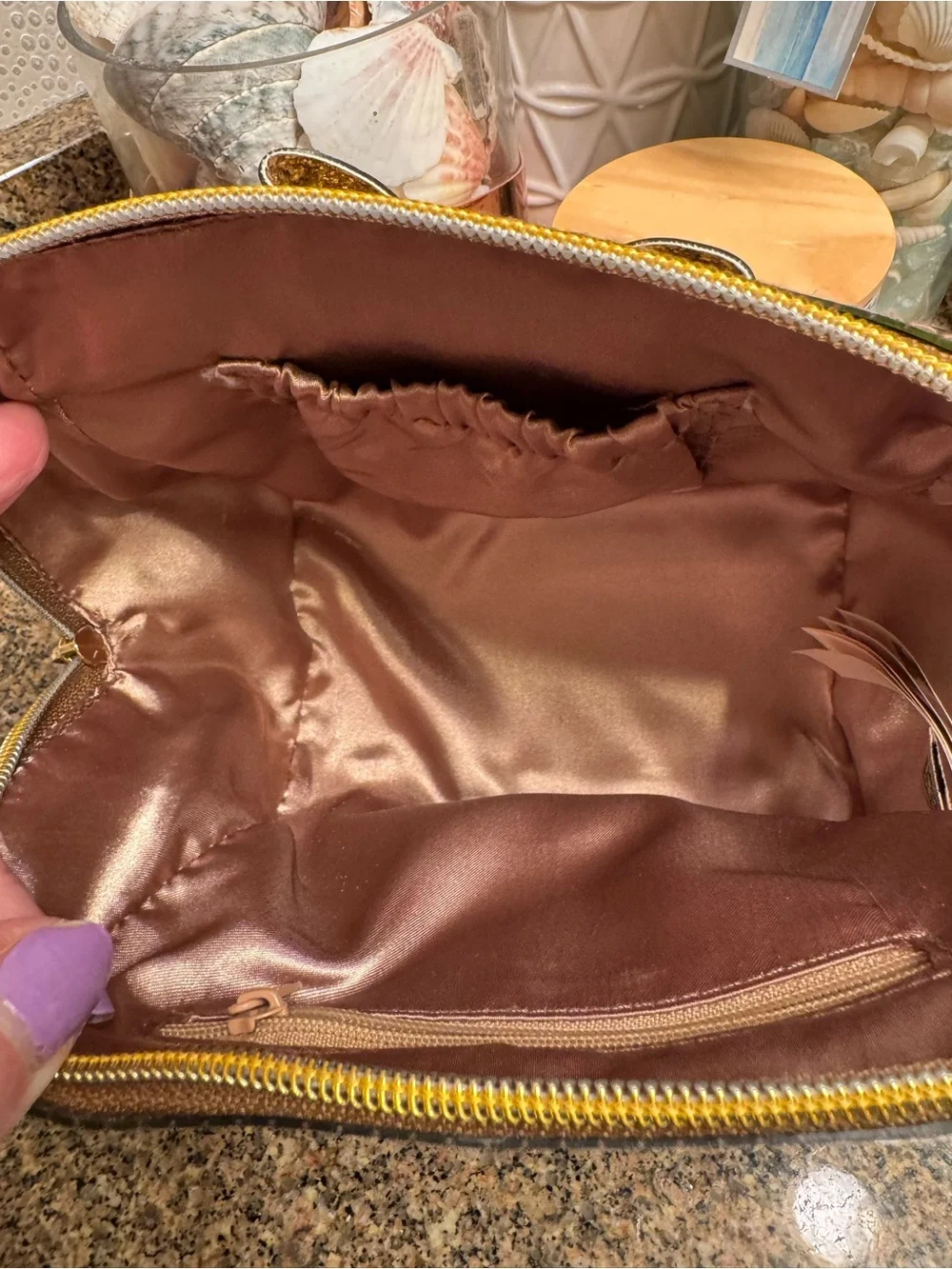 Ted Baker Brown Glossy Bronze Cosmetic Pouch with Glitter Bow Accent